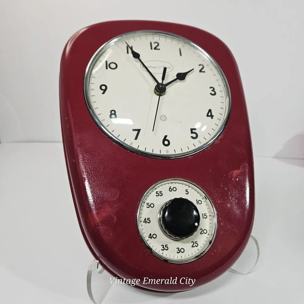 Vtg RZK Kitchen Red Wall Clock & Timer MCM- Needs New analog Clock/Timer Works